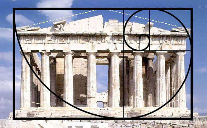golden ratio spiral is shown on greek ancient building