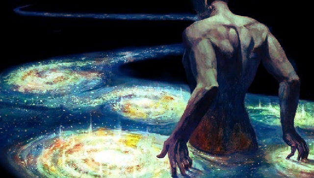 a man is walking inside a flow of space image