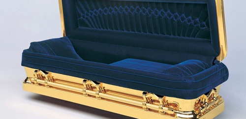 golden coffin with blue velvet